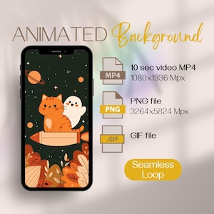 Pode incluir: Um smartphone exibe um fundo animado com um gato e um fantasma de desenho animado em um foguete, contra um céu estrelado. Ícones de tipo de arquivo para MP4, PNG e GIF, com detalhes de resolução.