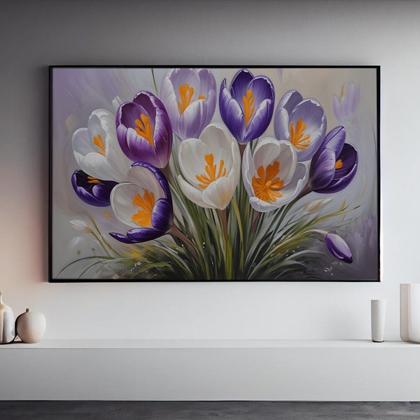 Crocus safran peint à l'huile art numérique imprimable pour cadre de télévision Samsung, décoration printanière, oeuvre d'art de la ferme, fleurs safran, arrangement art numérique