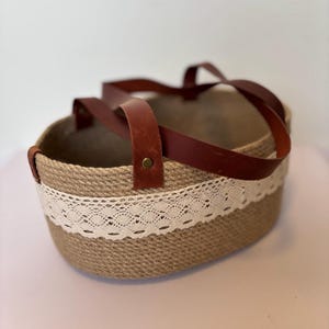 Handmade Jute Storage Basket with Leather Handles, Natural Handmade Decor, Farmhouse-Style Organization, Eco-Friendly Rustic Home Accent