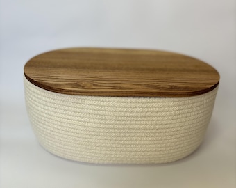 Handmade Cotton Rope Bread Bin with Wooden Lid, Scandinavian Kitchen