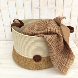 Handmade Jute Storage Basket, Jute and Cotton Cord Laundry Hamper, Toy Organizer with Leather Handle, Cotton Rope Basket, Rustic Home Decor