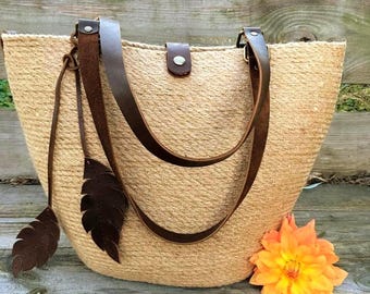 Handmade Jute Tote Bag with Leather Handles, Market Basket