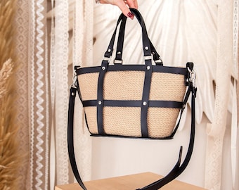 Sac fait main en corde de jute avec bandoulière en cuir, bandoulière d'été