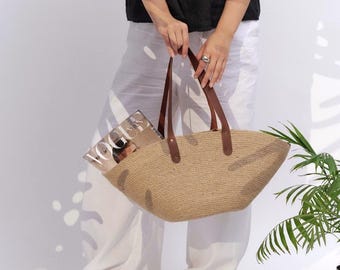 Sac hobo en jute fait main, poignées en cuir, écusson brodé, respectueux de l'environnement