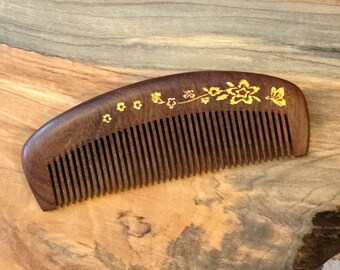 Handcrafted Wooden Comb Made From South American Walnut with Gold Floral Inlay