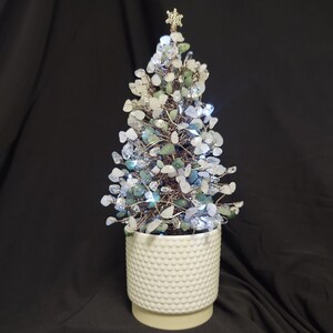 Tabletop Christmas Tree lighted wired with Aventurine and Crystal Quartz stones in a white ceramic pot