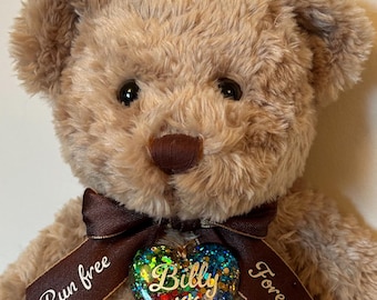 Beautiful 25cm memorial teddy bear with heart made in memory  of your loved one, pet, with ashes / hair /fur - personalised heart and ribbon