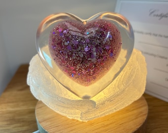 Beautiful lit memorial heart within wings lovingly handmade using ashes hair or fur, made to order, boxed with certificate , lovely gift