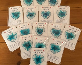Customisable 10 pocket heart hugs individually made, ideal to remember a very special person at funerals or memorials,can be made any colour