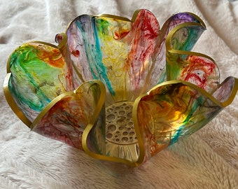 Beautiful large 26cm rainbow design resin bowl hand made to order , ideal gift family, mother sister