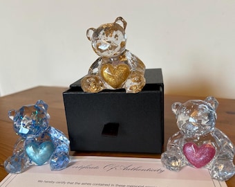 Unique Resin Memorial Teddy Bear using Ashes, a perfect keepsake, cremation gift, to honour a lost loved one / pet, gift boxed, personalised