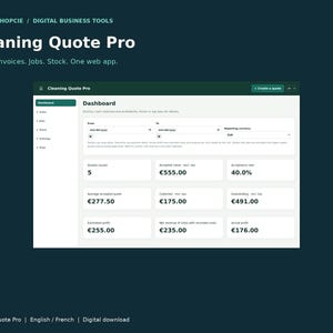 May include: A digital dashboard interface titled Cleaning Quote Pro displaying business metrics including quotes issued, accepted value, acceptance rate, average accepted quotes, collected revenue, outstanding amounts, and profit figures.