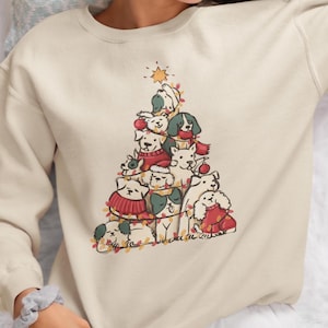 Dog Christmas Tree Sweatshirt | Cartoon Dog Christmas Shirt | Dogs in Christmas Sweaters with Lights Sweatshirt | Dog Lover Christmas