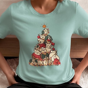 Dog Christmas Tree Tee | Christmas  T-Shirt | Cartoon Dog Christmas Shirt | Dogs in Christmas Sweaters with Lights Tee | Dog Lover Christmas