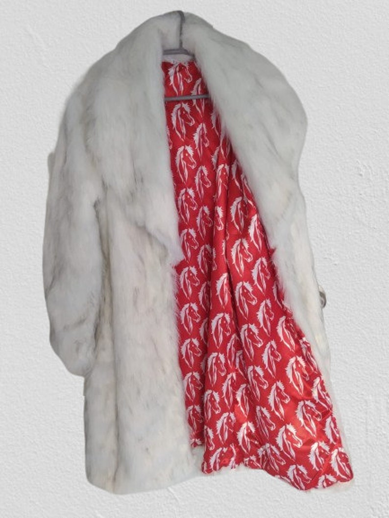 Mens White Faux Fur Trench Coat Handmade White Fur Coat Stylish Red Horse Printed Lining Faux