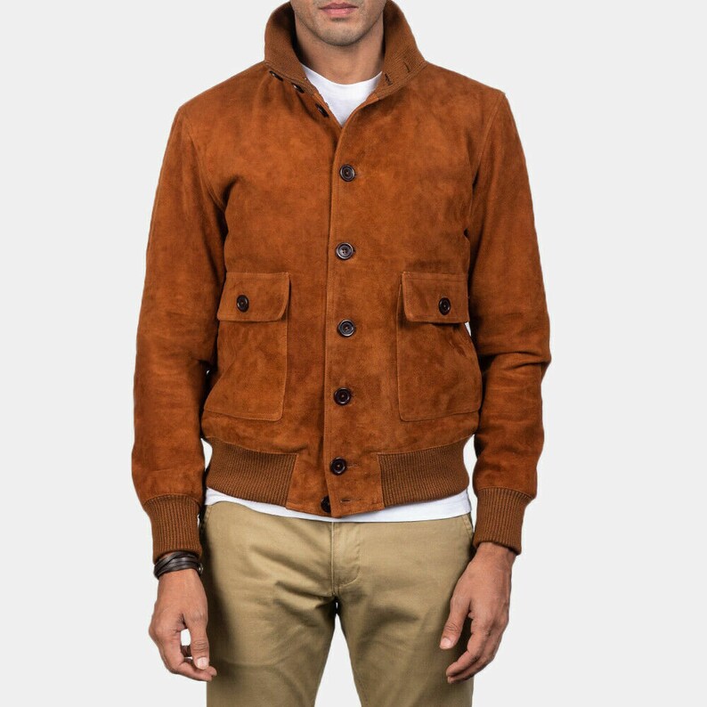 Mens Brown Suede Leather Bomber Jacket Handmade Best Selling Suede ...