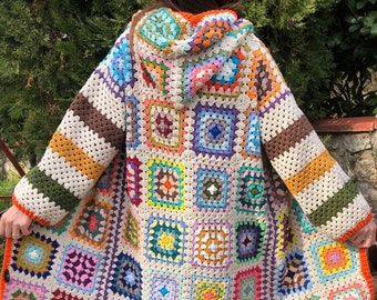 Cárdigan de ganchillo de la plaza de la abuela - Cárdigan afgano - Ganchillo de talla grande - Abrigo con capucha de ganchillo multicolor