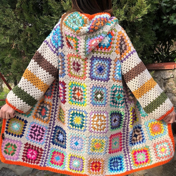 Oma Square Häkel-Cardigan – afghanischer Cardigan – Plus Size gehäkelt – mehrfarbiger Häkel-Hoodie-Mantel