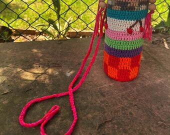 Wine Bottle Holder | Water Bottle Bag | Festival Crochet Bottle Carrier | Thermos Carrier Shoulder Bag | Unique Personalized Gift for Her