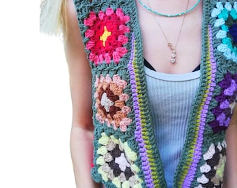 Granny Square Vest | Colorful Crochet Sweater | Knit Festival Wear For Men | Crochet Waistcoat Fashion | Knit Boho Clothing | Gift For Her