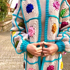 Cardigan fleuri au crochet, cadeau pour elle, cardigan carré géant à fleurs grand-mère, cardigan arc-en-ciel, pull coloré, cardigan rose au crochet, image 4