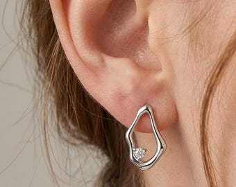 Rhinestone Wavy Silver Stud Earrings, Sparkling Crystal Charm Drop Studs
