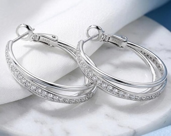 Triple Band Silver and Diamante Hoops, Stacked Interlocking 3cm Earring Set