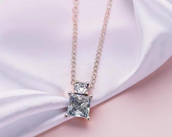 Silver Collier Necklace, Round & Square Pendant with Cubic Zirconia, Bright Jewellery Gift, CZ Charm Necklace, Modern Accessory for Women