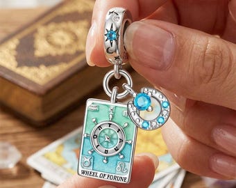 Wheel of Fortune Tarot Charm for Bracelet, Sterling Silver Enamel Dangle Gift