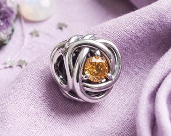 November Birthstone Eternity Circle Bead Charm, Orange Crystal, Silver