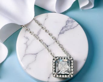 Square Pandora Silver Halo Necklace, Silver 45cm Chain Length, Cushion Pendant, CZ Charm