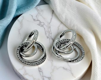 Pandora Interlocking Circle Hoop Earrings, Stylish Sparkle Dangle Hoops