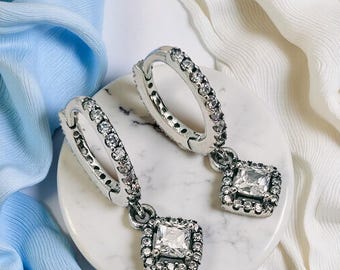 Geometric Hoop Earrings, Square Cut Dangle Earrings, Silver Jewellery with Sparkly Zirconia, Modern Design, Dainty Daily Accessory Present