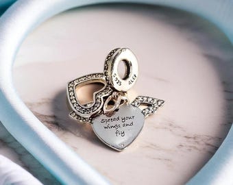 Pandora Heart & Angel Wings Dangle Charm, Silver Charm Gift, Cubic Zirconia Accessory