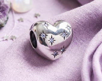 Celestial – Starry Heart Bead Charm with Pale Blue CZ, Sterling Silver