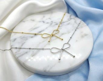 Minimalist Gold Ribbon Necklace, Dainty Bow Pendant, Adjustable Satellite Chain, Gift for Women, Everyday Wear, Dainty Jewellery