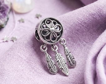 Dreamcatcher Three Feather Openwork Flower Bead Charm, 925 Sterling Silver