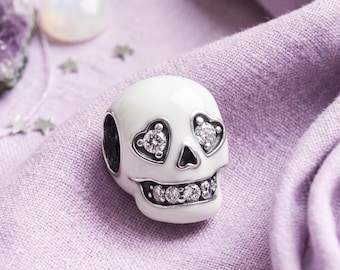 Skull – White Enamel Bead Charm with Heart CZ Eyes, 925 Silver