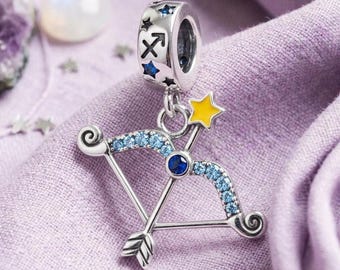 Sagittarius Bow Arrow Charm, Silver Plated Zodiac Dangle Bracelet Bead