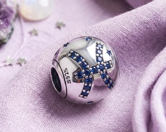Pisces Zodiac Charm 19 Feb - 20 Mar, Blue CZ Bead for Snake Chain Bracelet