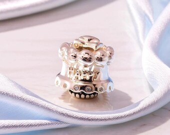 Sterling Silver Birthday Cake Charm, "Happy Birthday" Engraved Pendant