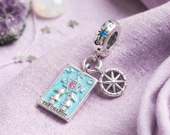 Sterling Silver The Chariot Tarot Charm: Turquoise Enamel, Crystal Star