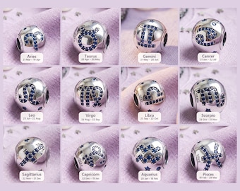 Zodiac Star Sign Charm – 925 Silver Blue CZ Bead, All 12 Signs