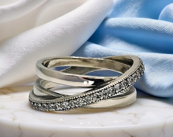 Classic Crossover Triple Band Ring, Pave CZ Statement Rings, Everyday Accessory for Her, Stylish Jewellery for Women, Unique Style Jewellery