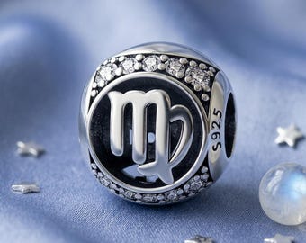 Silver Virgo Zodiac Charm Bead, CZ Star Sign Charm for Snake Chain Bracelets