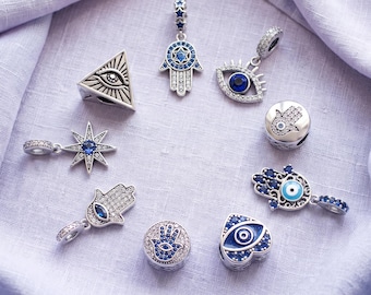 Evil Eye Charm, Choose 1 of 9 Hamsa Protection Styles Silver