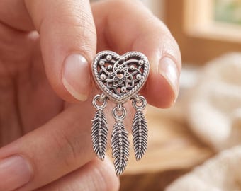 Good Luck Charm – Heart Dreamcatcher Bead with Three Feathers, Sterling Silver