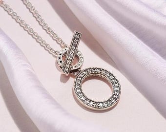 Double Circle T-bar Necklace from Silver, CZ Pendant with Silver Adjustable Chain, Modern Design Accessory for Her, Two Hoops Design Pendant