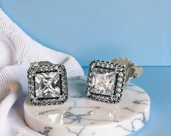 Halo Square Studs, Silver Women's Earrings, Geometric Design, Elegant Jewellery, Square CZ Design, Womens Accessory, Casual Earrings for Her