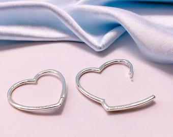 Large Heart Hoop Earrings, Silver Statement Hoops for Women, Modern Jewellery, Silver Dangle Hoops, Chic Jewellery, Minimalist Style Present